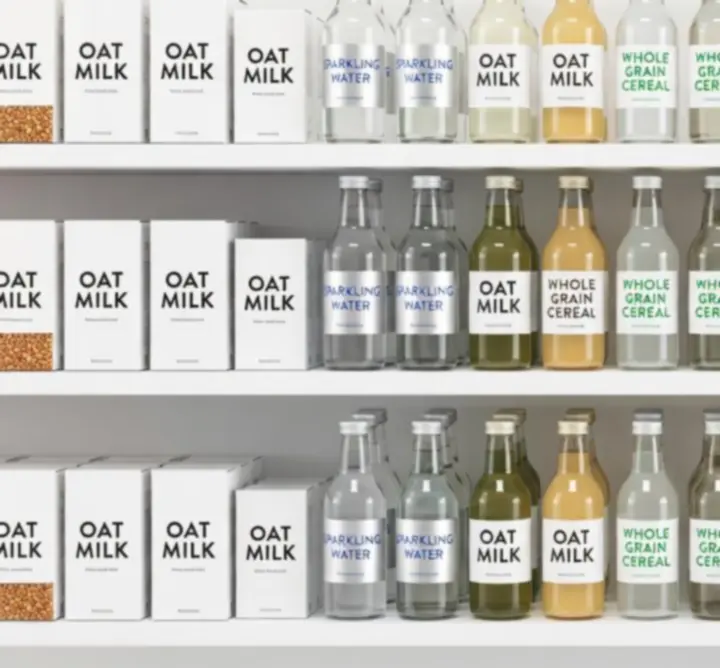 Selection of packaged food and beverage products on display