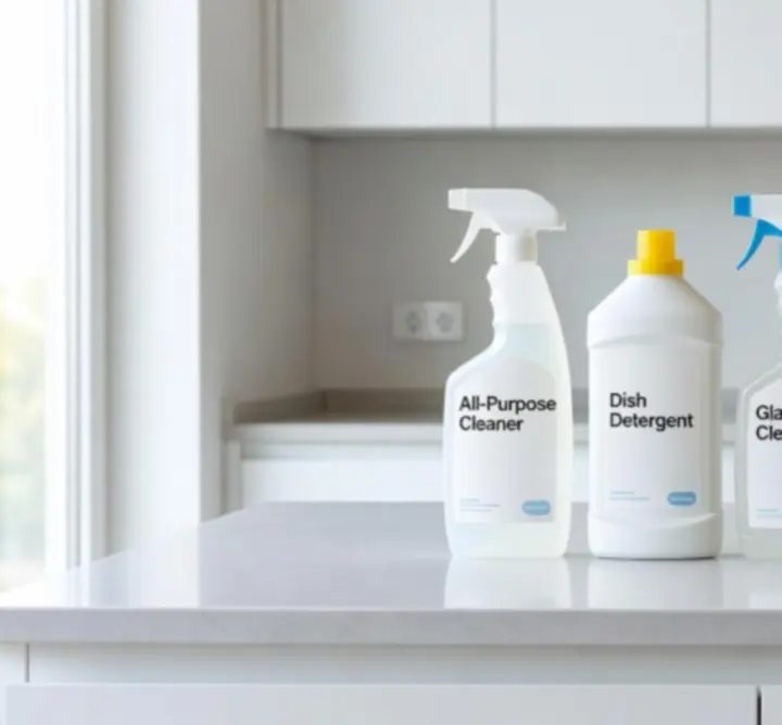 Household cleaning and kitchen products arranged together