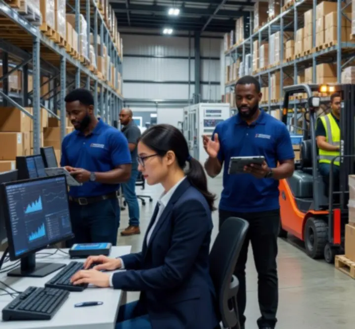 Distribution team managing packaged goods and outbound deliveries