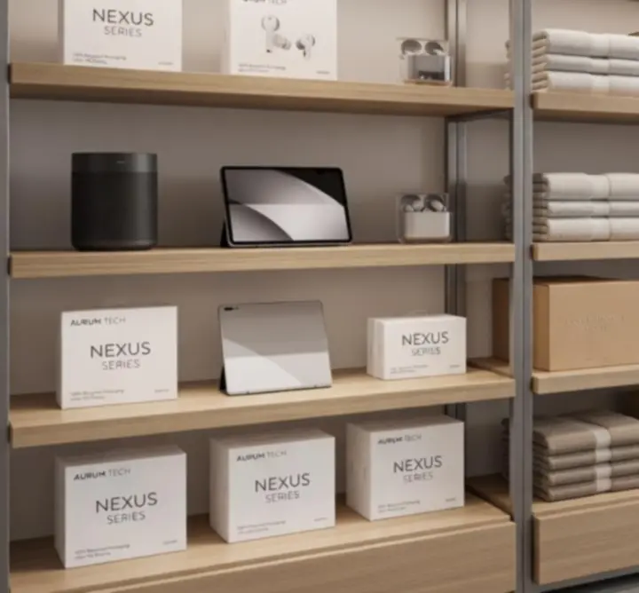 Curated selection of modern packaged products displayed on clean shelving