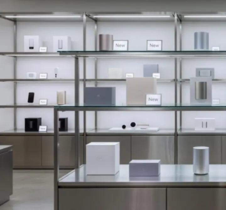 Display of newly introduced products arranged on shelves and packaging displays