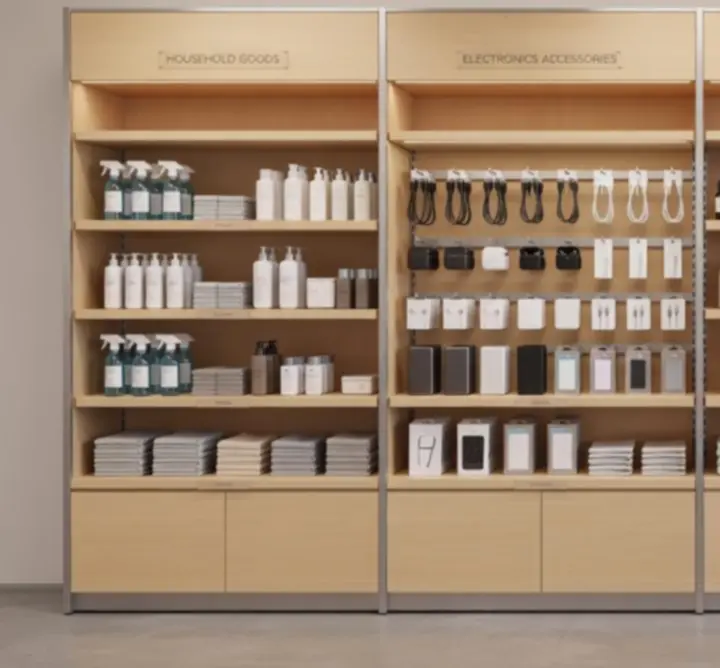 Overview of organised product categories with neatly presented packaged items
