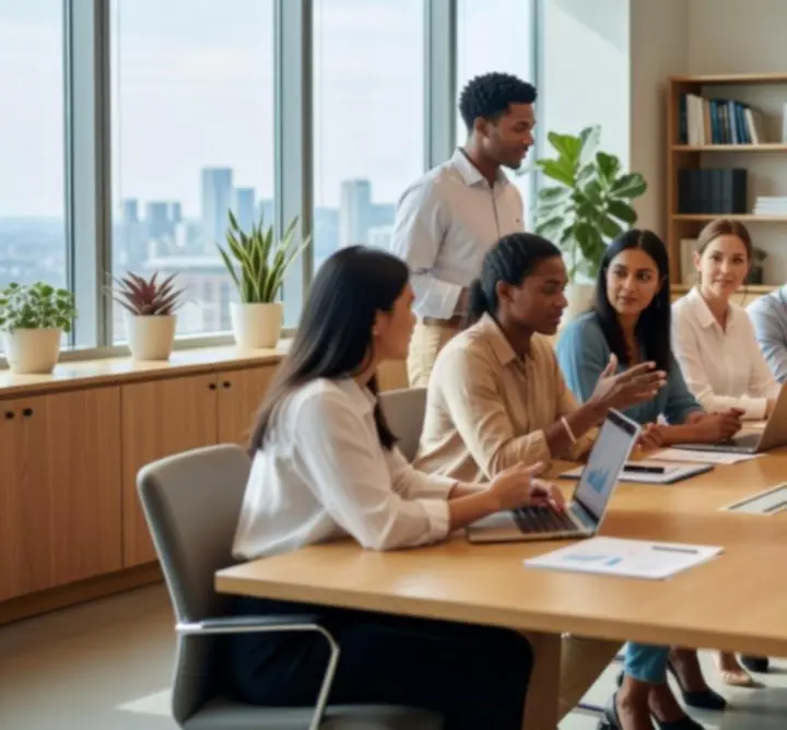 Diverse team collaborating in a modern office environment